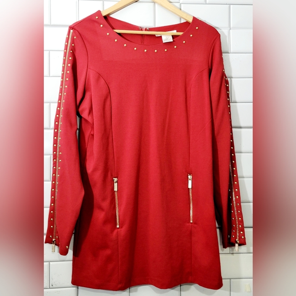 K.Jordan Ladies Knee Length Dress Tunic Long Sleeve Gold Studded And Zipper Deta